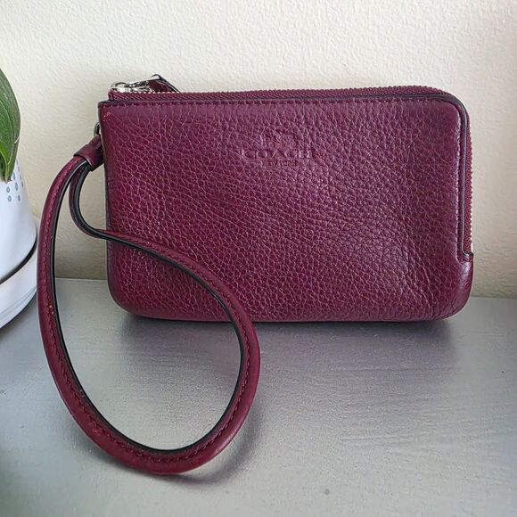 Coach Handbags - Coach Wristlet Wallet Double Corner Zip Maroon Red Leather Pouch Card Slots